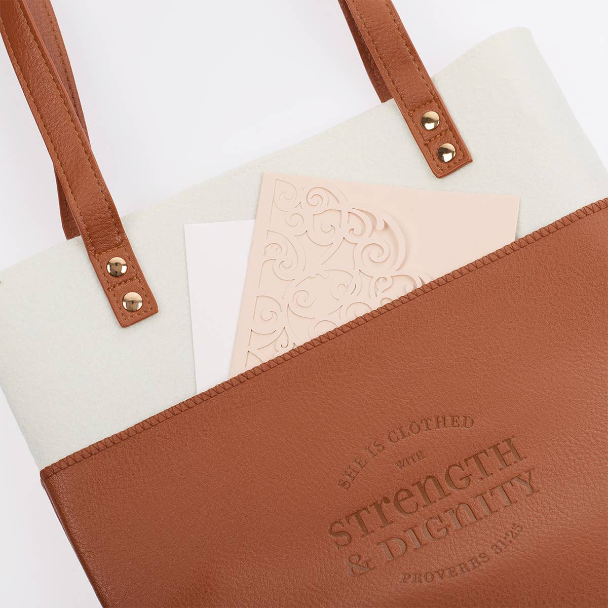 Bible Tote Cream/Toffee Strength & Dignity Prov. 31:25