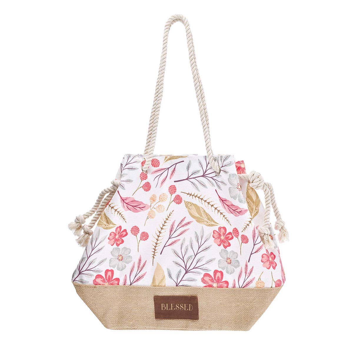 Tote Canvas Tan/White Floral Printed Blessed